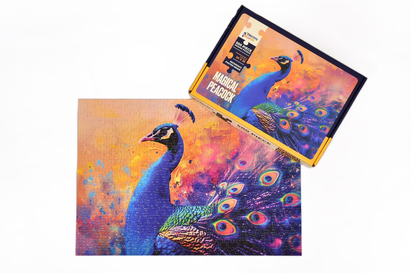 The Magical Peacock box angled above the completed puzzle