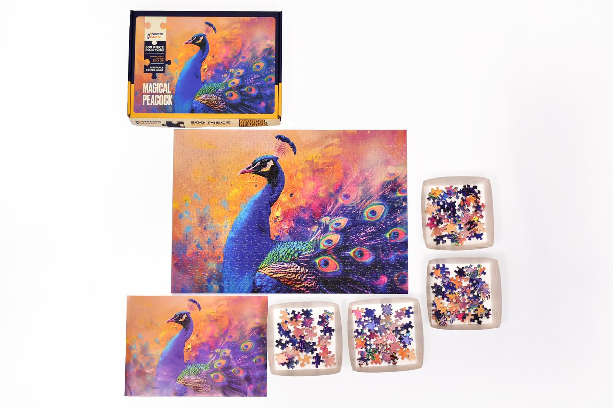 Everything in the box — the box, finished puzzle, reference poster and four trays of pieces