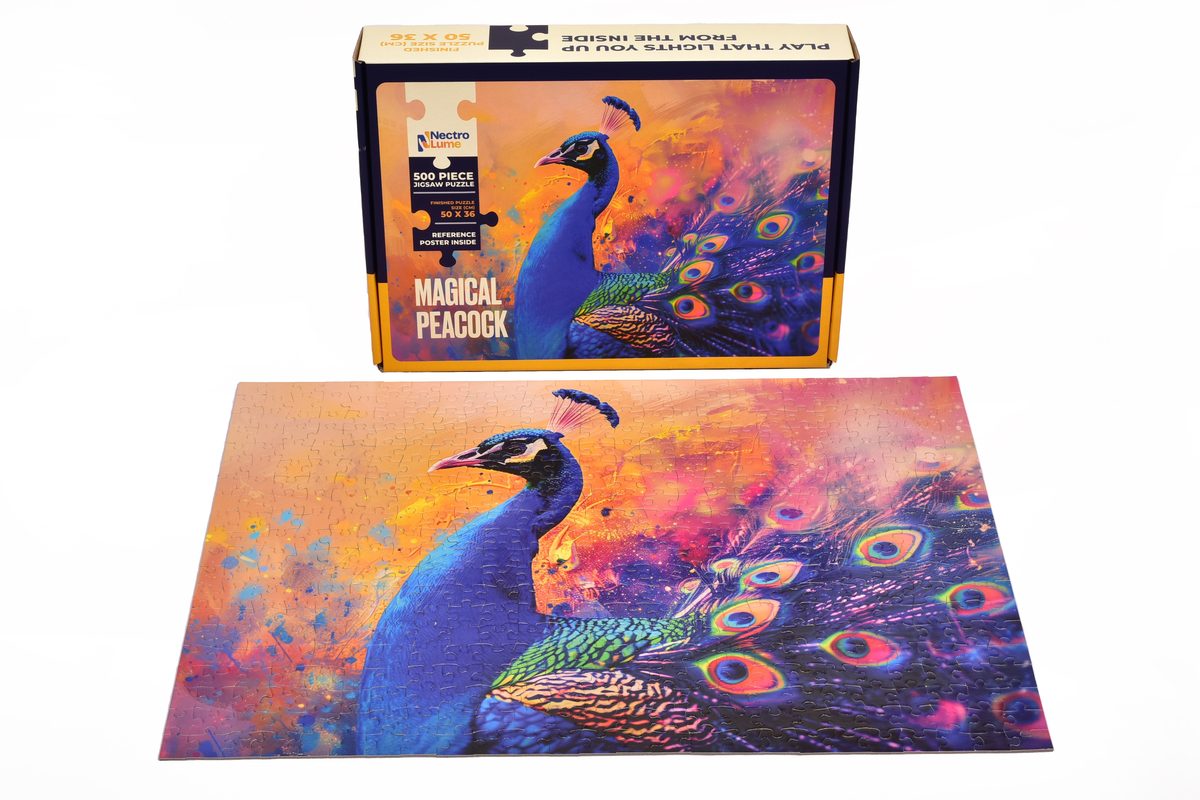 The box standing behind the finished puzzle, showing the printed top panel