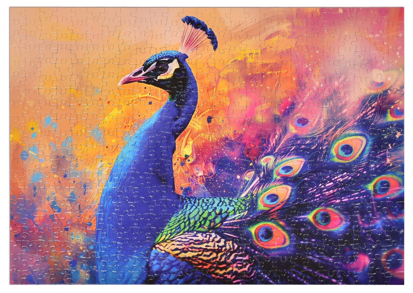 The finished 500-piece Magical Peacock puzzle, photographed from above